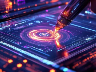 Obraz premium Graphic design tools being used to create a logo, digital workspace, tech-savvy style, sharp focus, bright lighting, high detail