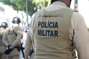 Military police officers are seen standing in formation during the celebration of Brazilian Independence Day in the city of Salvador, Bahia.