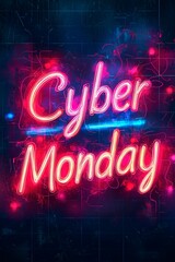 Bright neon Cyber Monday sign glowing in vibrant colors at night, Neon Cyber Monday Banner, Text and Title of Cyber Monday, Cyber Monday promotional advertising