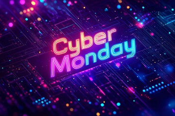 Cyber Monday sale announcement with vibrant neon lights and digital design, Neon Cyber Monday Banner, Text and Title of Cyber Monday, Cyber Monday promotional advertising