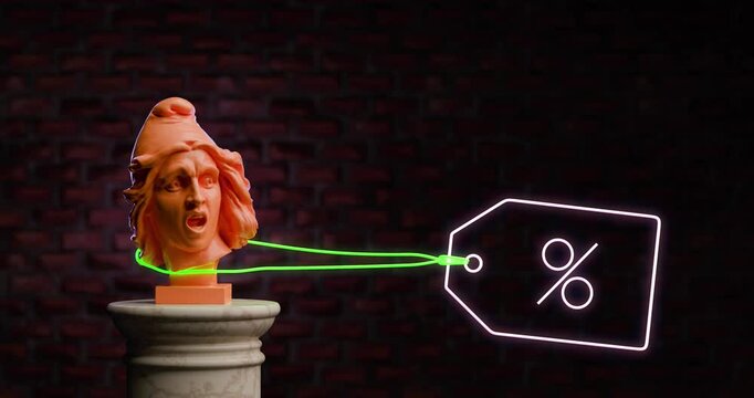 Orange antique head, tied to a neon discount tag with percent sign.