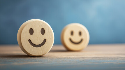 Wooden smiley face on rustic wooden table with blue background, symbolizing happiness, positivity, and joyful emotions in a minimalist natural concept design  