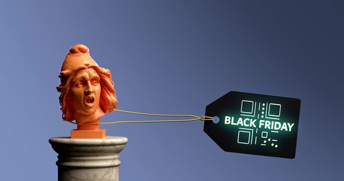 Orange antique head, tied to a Black Friday sale tag.