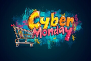 Colorful illustration of Cyber Monday shopping excitement with a cart, Illustration Cyber Monday Banner, Text and Title of Cyber Monday, Cyber Monday promotional advertising