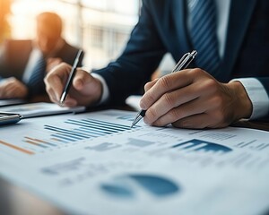 Wealth management meeting with advisors reviewing portfolios, professional environment, sharp focus, bright lighting