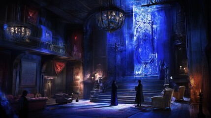 Fototapeta premium Two Silhouettes Stand Before a Glowing Blue Portal in a Dark Hallway