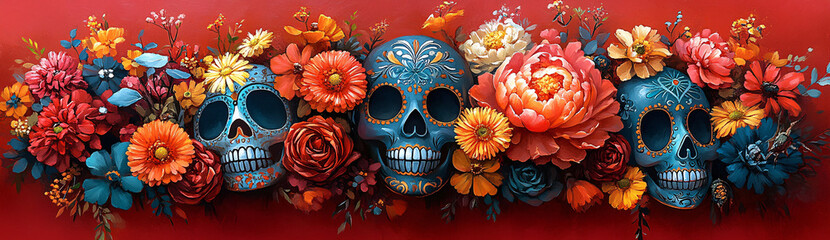 Naklejka premium Colorful sugar skulls and vibrant flowers against a red background evoke a festive Day of the Dead atmosphere. Celebratory and vibrant, ideal for conveying themes of remembrance and cultural...