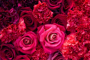 Arrangement of red living roses and carnation, top view, flat lay