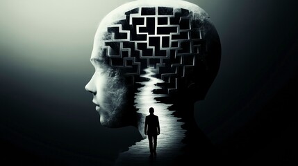 Inside a human mind, a person trapped in his own thoughts. Brain in the shape of a labyrinth. Decisions to be made. Choices to make. Mental problems, Intellectual difficulties. Ai generative