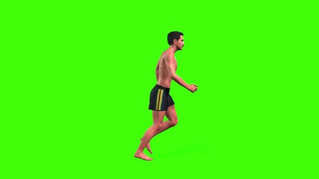 4k animation of handsome and healthy boy jogging loop with a side camera view on the green screen, The 3D character of a young boy Positive running in shorts without a shirt and shoes on chroma key