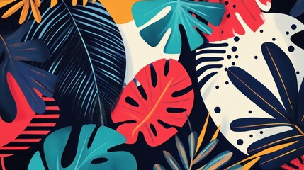 Abstract Tropical Leaf Pattern with Bold Colors and Geometric Shapes