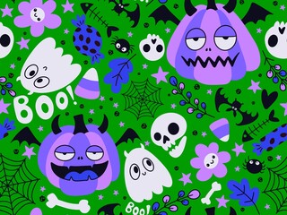 Naklejka premium Halloween cute pumpkins seamless monsters pattern for wrapping paper and fabric