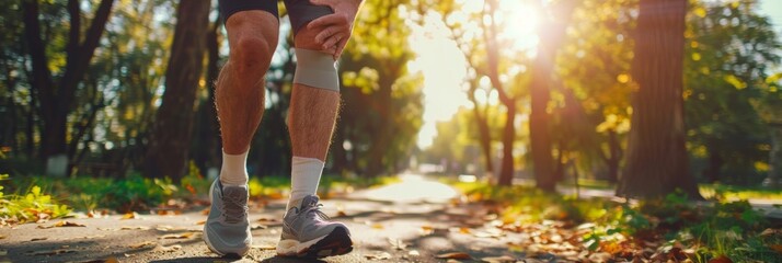 Runner holding knee in pain on a treadmill in a bright, sunny park.