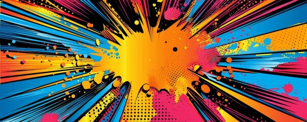 Vibrant pop art background with "GREAT!" inside. Explosion theme, Comic book style, Colorful vector art