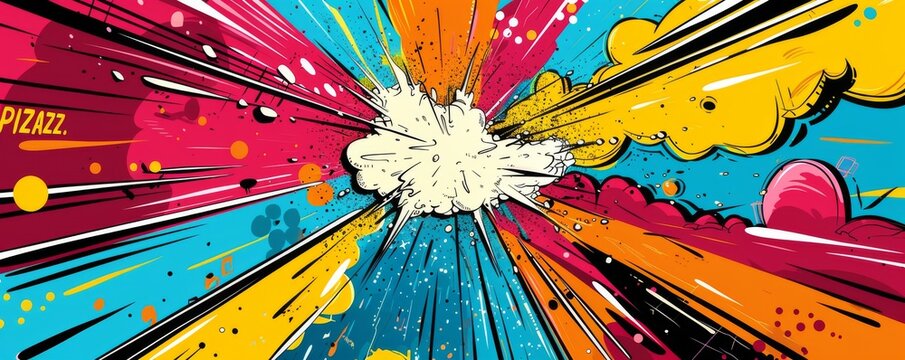 Abstract pop art background featuring "PIZAZZ." Explosion theme, Dynamic visuals, Vibrant vector