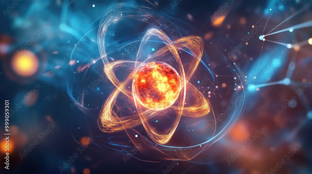 Wall mural abstract representation of an atom with glowing nucleus and orbiting electrons on a blue background.