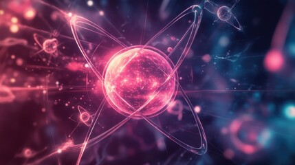 Obraz premium Abstract glowing atom model with pink core and blue rings.