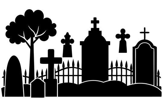 recommend clip art: Cemetery tombstones with crosses, graveyards and headstones, vector fence and trees. Coffins and caskets with gravestones and RIP cross, tombstone memorial with crypts and funeral grave silhouettes