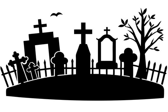 recommend clip art: Cemetery tombstones with crosses, graveyards and headstones, vector fence and trees. Coffins and caskets with gravestones and RIP cross, tombstone memorial with crypts and funeral grave silhouettes