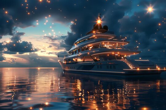 3D rendered yacht party, luxurious ocean and sky, exclusive celebration, detailed and vibrant, glamorous and festive atmosphere
