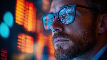 Side profile of man with glasses, analyzing financial data with stock market charts reflected in lenses. Focused trader working in modern business and technology environment