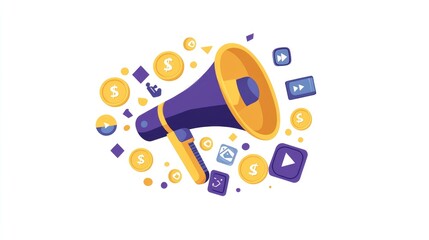 A purple megaphone with a yellow horn, surrounded by coins, social media icons, and other symbols, representing marketing and advertising.
