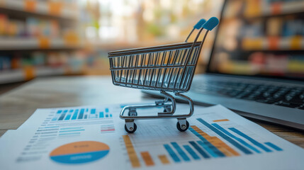Mini shopping cart on top of business charts and graphs next to a laptop. Concept of online retail growth, e-commerce analytics, or digital consumer trends