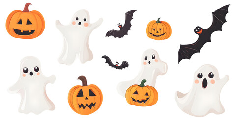 Halloween stickers set of cute little ghost, jack-o-lantern pumpkins and bats elements. Clipart illustration collection isolated on transparent background. PNG, cutout.