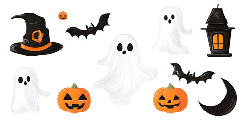 Halloween stickers set of cute little ghost, jack-o-lantern pumpkins, hat and bats elements. Clipart illustration collection isolated on transparent background. PNG, cutout.