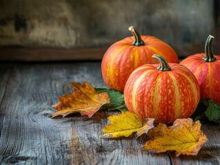 Autumn pumpkins and leaves on wooden surface
