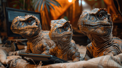 Three Baby Dinosaurs with Laptop During Evening 