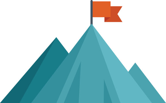 Red flag waving in the wind on a mountain peak representing achieving goals