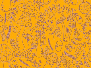 Cartoon autumn harvest seamless Halloween mushrooms pattern