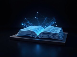 Polygonal blue hologram of open book on dark background.