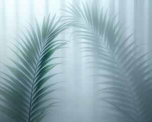 Fototapeta premium Green palm with reeded glass. Pure aesthetic behind frosted panel for modern beauty illustration. White Reeded Glass. Plant leaves. Ribbed Background. Luxury cosmetic wall with summer decoration.