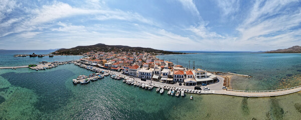 Fototapeta premium Harbour and town of Elafonisos, Deer Island, Laconia, Peloponnese, Aerial View