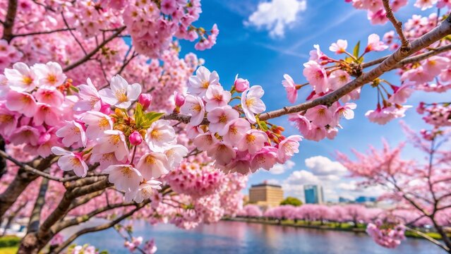 Beautiful cherry blossoms in full bloom near a river with a city skyline in the background