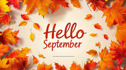 Phrase "Hello September" with fall leaves. September. Ultra realistic....