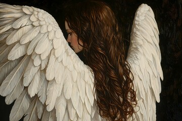 White angel wings, long brown hair flowing down her back, close-up, dark...