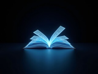 Polygonal blue hologram of open book on dark background.