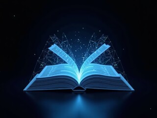 Polygonal blue hologram of open book on dark background.