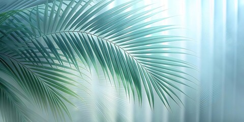 Obraz premium Green palm with reeded glass. Beautiful tree decor on blurred template. White Reeded Glass. Plant leaves. Minimalist vanity background with frosted texture for spa aesthetic. Ribbed Background.