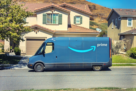 Lake Elsinore, CA, USA - September 27, 2024: Electric Amazon Prime delivery truck