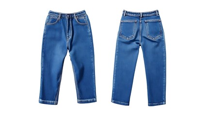 A pair of blue denim jeans, front and back view, isolated on a white background.
