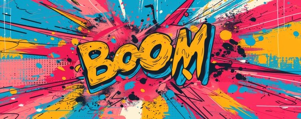 Abstract pop art background with "BOOM" inside. Explosion theme, Dynamic graphics, Vibrant vector