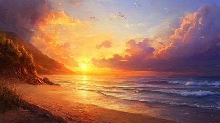 Fototapeta premium Compose a poem capturing the ethereal beauty of a sunset over a picturesque beach background. --ar 16:9 --v 6.1 Job ID: 93f5140c-9b54-44de-96b2-5b388c915b96