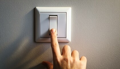 hand and switch, a person reaches out to press the room light switch