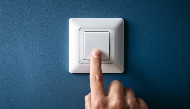 hand pressing light switch on a wall, a person reaches out to press the room light switch