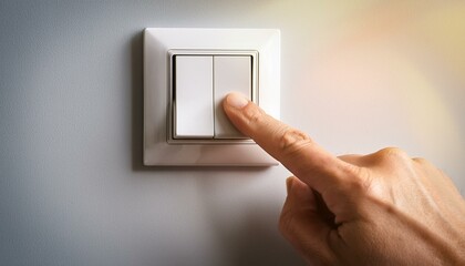 hand with light switch, a person reaches out to press the room light switch