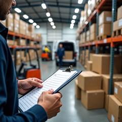 A photorealistic image of a delivery driver inside a large warehouse, preparing to load packages into a van. 